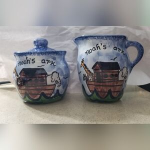 Noah's Ark Hand Painted Ceramic Pottery Creamer & Sugar Dish with lid